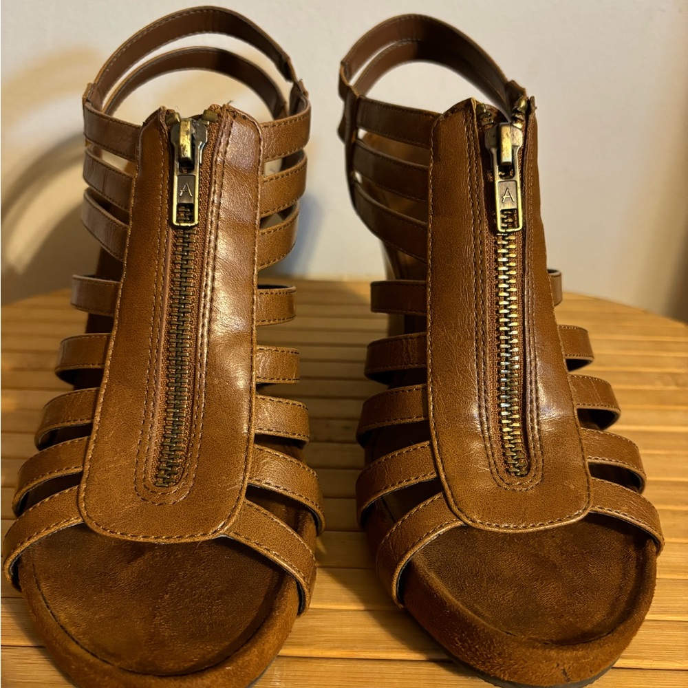 A2 by Aerosoles. Strappy Wedge Sandals in Brown. Size:9.5